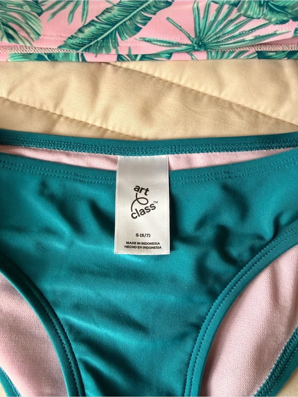 art class Tropical Palm Print Girls Swim Set in Pink and Teal